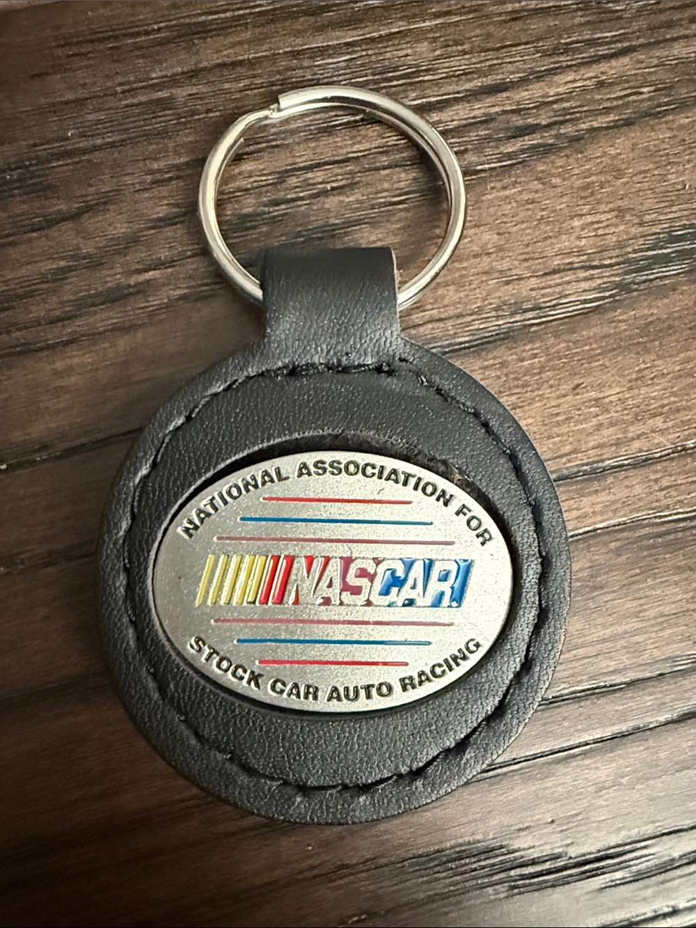 Nascar Black Leather and Pewter Keyring with Multicolor Logo  2”x2.5”